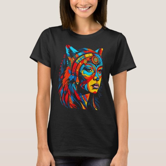 Vrouw Wolf Hoofd Native American Creatief T-shirt (Voorkant)