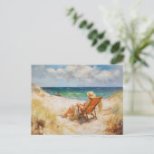 Vrouw zit in strandstoel bij baltisch zee. kunst briefkaart (Staand voorkant)