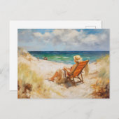 Vrouw zit in strandstoel bij baltisch zee. kunst briefkaart (Voorkant / Achterkant)
