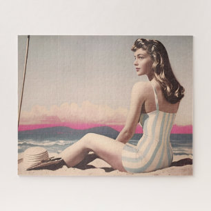 vrouw zit op het strand legpuzzel