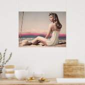   vrouw zit op het strand poster (Keuken)