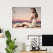   vrouw zit op het strand poster (Thuiskantoor)