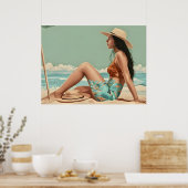 vrouw zit op het strand poster (Keuken)