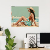 vrouw zit op het strand poster (Thuiskantoor)