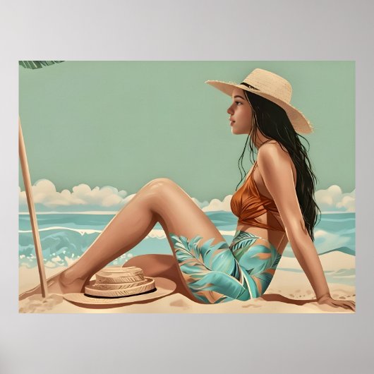 vrouw zit op het strand poster (Voorkant)