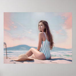   vrouw zit op het strand poster