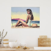 vrouw zit op het strand poster (Keuken)