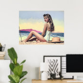 vrouw zit op het strand poster (Thuiskantoor)