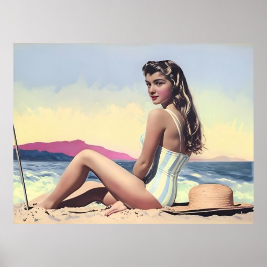 vrouw zit op het strand poster (Voorkant)
