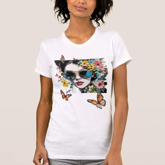 Vrouw Zonnebril Wilde bloemen en Vlinders T-shirt (Voorkant)