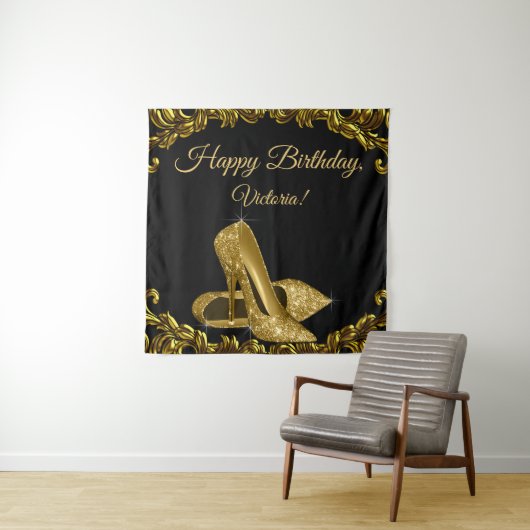 Vrouw zwart gouden schoen verjaardagsfeest SQ acht Wandkleed (In situ)