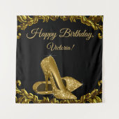 Vrouw zwart gouden schoen verjaardagsfeest SQ acht Wandkleed (Voorkant)