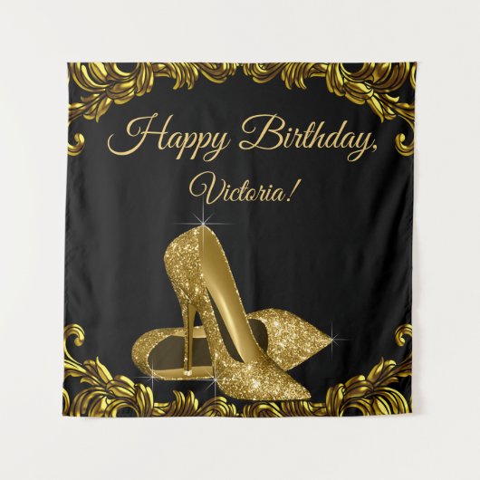 Vrouw zwart gouden schoen verjaardagsfeest SQ acht Wandkleed (Voorkant)