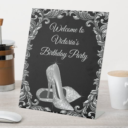 Vrouw Zwart Zilver Verjaardagsfeestje Welkomsttafe Reclamebord Met Voetstuk (Insitu)