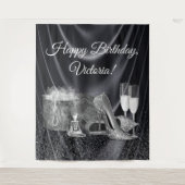 Vrouw zwart zilveren schoen verjaardagsfeest achte wandkleed (Voorkant)