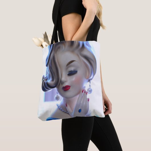 Vrouwe dame Flipped Hair Hand Head Vase Tote Bag (Dichtbij)