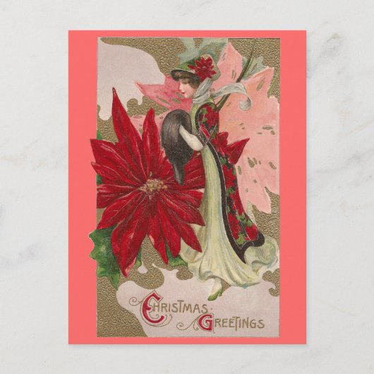 Vrouwe van de Poinsettias Vintage Kerstmis Feestdagenkaart (Voorkant)