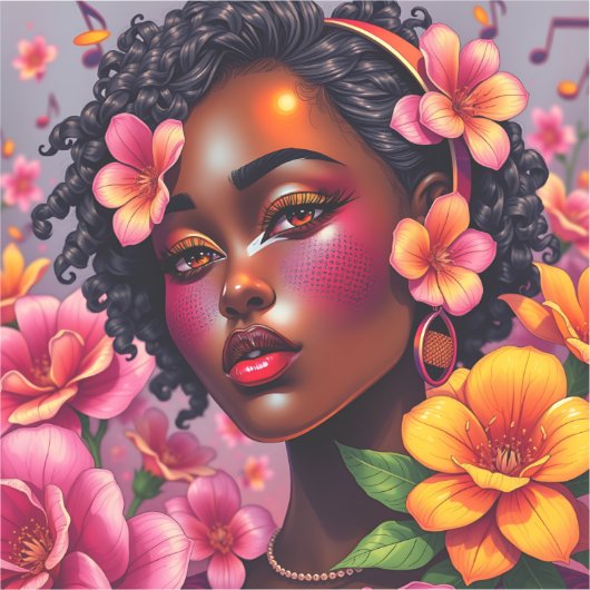  Vrouwe van Kleur Roze Bloemen Musical Notes Sticker (Voorkant)