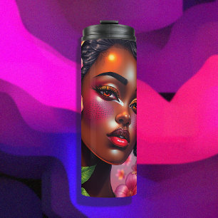 Vrouwe van Kleur Roze Bloemen Musical Notes Thermosbeker