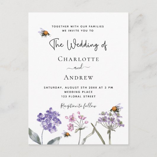 Vrouwe wilde bloemen violet roze bij uitnodiging briefkaart (Voorkant)