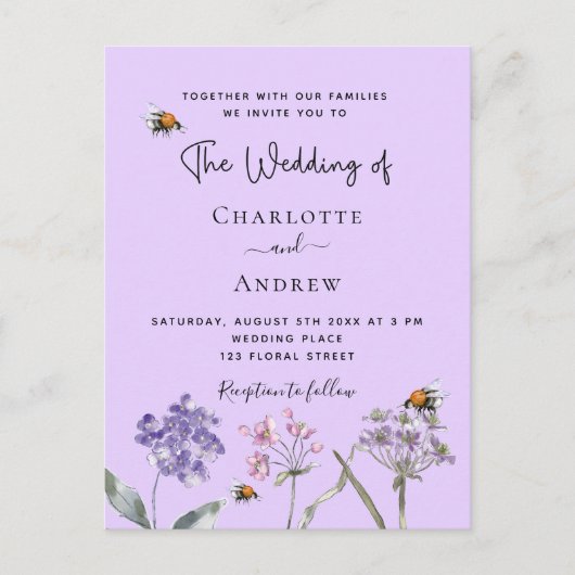 Vrouwe wilde bloemen violet roze bij uitnodiging briefkaart (Voorkant)