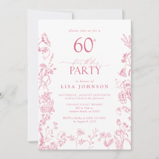 Vrouwelijk 60e Verjaardagsfeestje Roze Victoriaans Kaart (Voorkant)