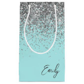 Vrouwelijk Aqua Blauw Zilver Glitter Monogram Klein Cadeauzakje (Voorkant)