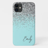Vrouwelijk Aqua Blauwe Zilveren Glitter Monogram