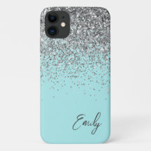 Vrouwelijk Aqua Blauwe Zilveren Glitter Monogram
