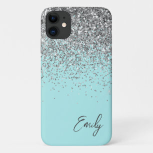 Vrouwelijk Aqua Blauwe Zilveren Glitter Monogram Case-Mate iPhone Case