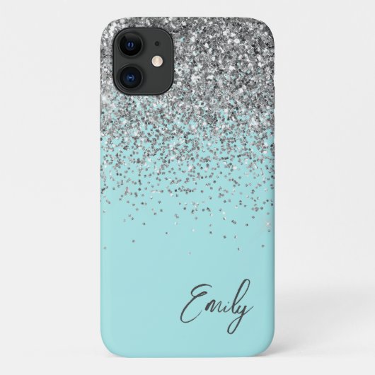 Vrouwelijk Aqua Blauwe Zilveren Glitter Monogram Case-Mate iPhone Case (Achterkant)