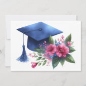 Vrouwelijk Blauw Graduation Cap en roze bloemen Bedankkaart (Voorkant)