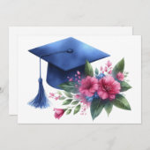 Vrouwelijk Blauw Graduation Cap en roze bloemen Bedankkaart (Voorkant / Achterkant)