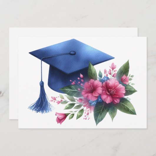 Vrouwelijk Blauw Graduation Cap en roze bloemen Bedankkaart (Voorkant / Achterkant)