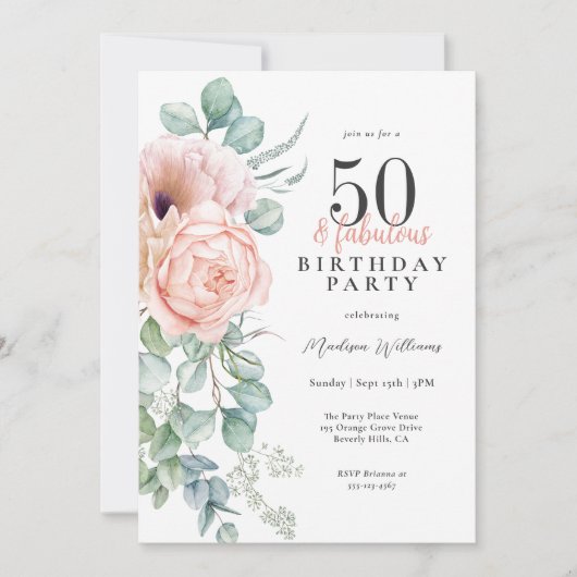 Vrouwelijk Bloemen 50 en Fabulous Verjaardagsfeest Kaart (Voorkant)