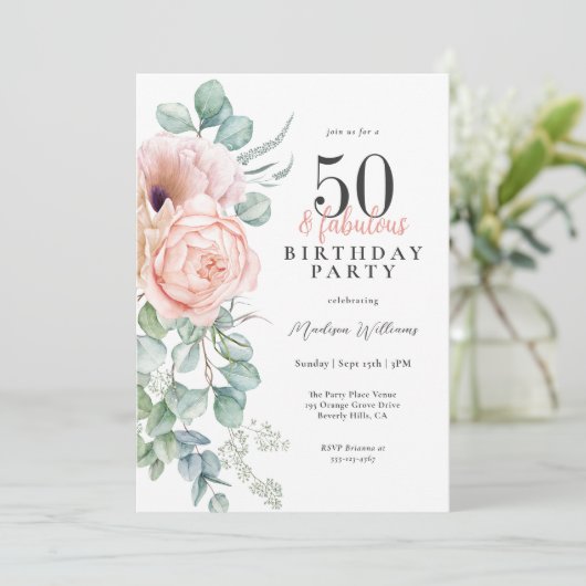 Vrouwelijk Bloemen 50 en Fabulous Verjaardagsfeest Kaart (Staand voorkant)