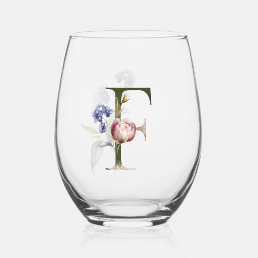 Vrouwelijk Bloemen Monogram Initiaal De letter F Wijnglas Zonder Voet (Voorkant)