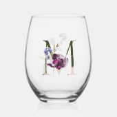 Vrouwelijk Bloemen Monogram Initiaal Letter M Wijnglas Zonder Voet (Voorkant)
