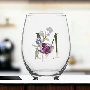 Vrouwelijk Bloemen Monogram Initiaal Letter M Wijnglas Zonder Voet