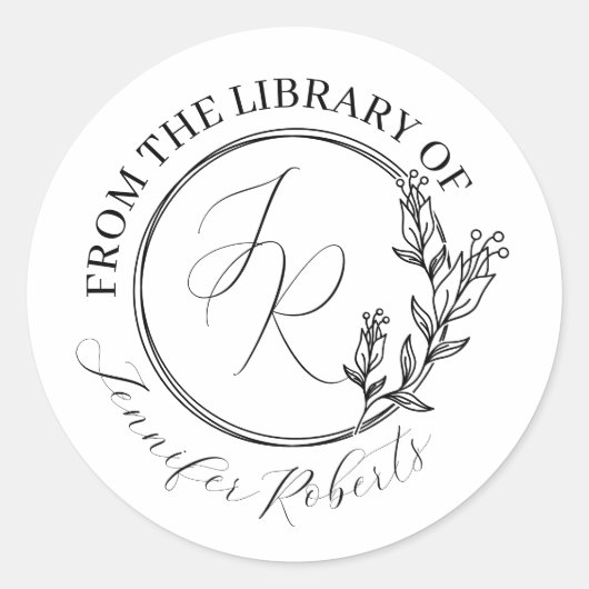 Vrouwelijk Bloemenschrift Initialen Bibliotheek Bo Ronde Sticker (Voorkant)