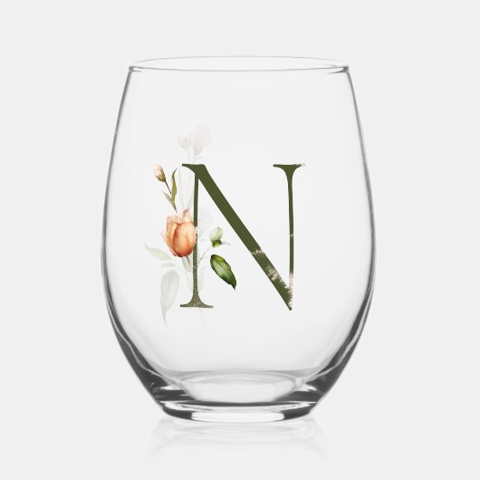 Vrouwelijk bloemmonogram Initiaal de letter N Wijnglas Zonder Voet (Voorkant)