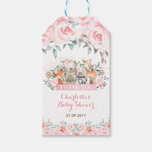 Vrouwelijk bos Zachte pastel Roze Rozen Dank u Cadeaulabel (Voorkant)