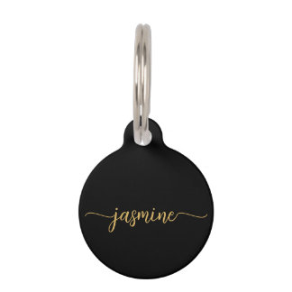 Vrouwelijk eenvoudig zwart en goud monogram schrif huisdierpenning