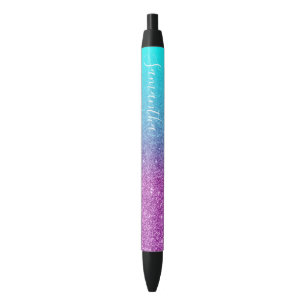 Vrouwelijk gepersonaliseerd aqua paarse ombre glit zwarte inkt pen
