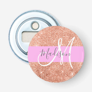 Vrouwelijk Glam Roze Perzik Goud Glitter Monogram Button Flesopener