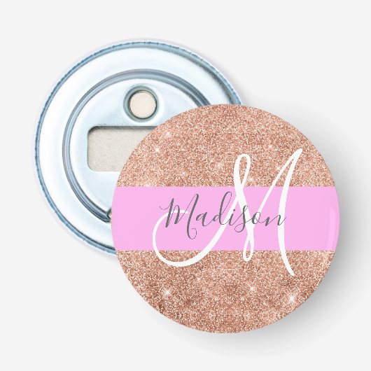 Vrouwelijk Glam Roze Perzik Goud Glitter Monogram Button Flesopener (Voorkant)