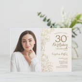 Vrouwelijk Goud Bloemen Foto 30e Verjaardag Kaart (Staand voorkant)