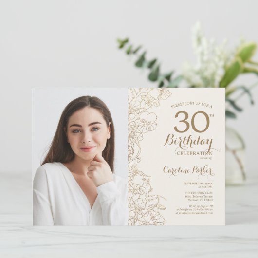 Vrouwelijk Goud Bloemen Foto 30e Verjaardag Kaart (Staand voorkant)