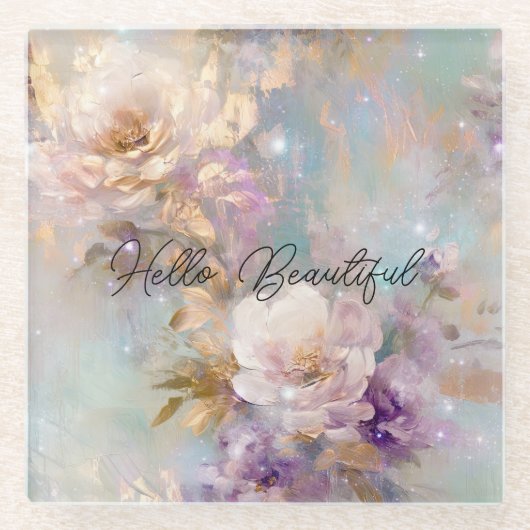 Vrouwelijk goud Paarse witte bloemen Glazen Onderzetter (Voorkant)