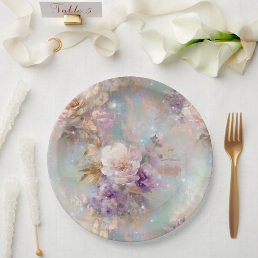 Vrouwelijk goud Paarse witte bloemen Papieren Bordje (Huwelijk)